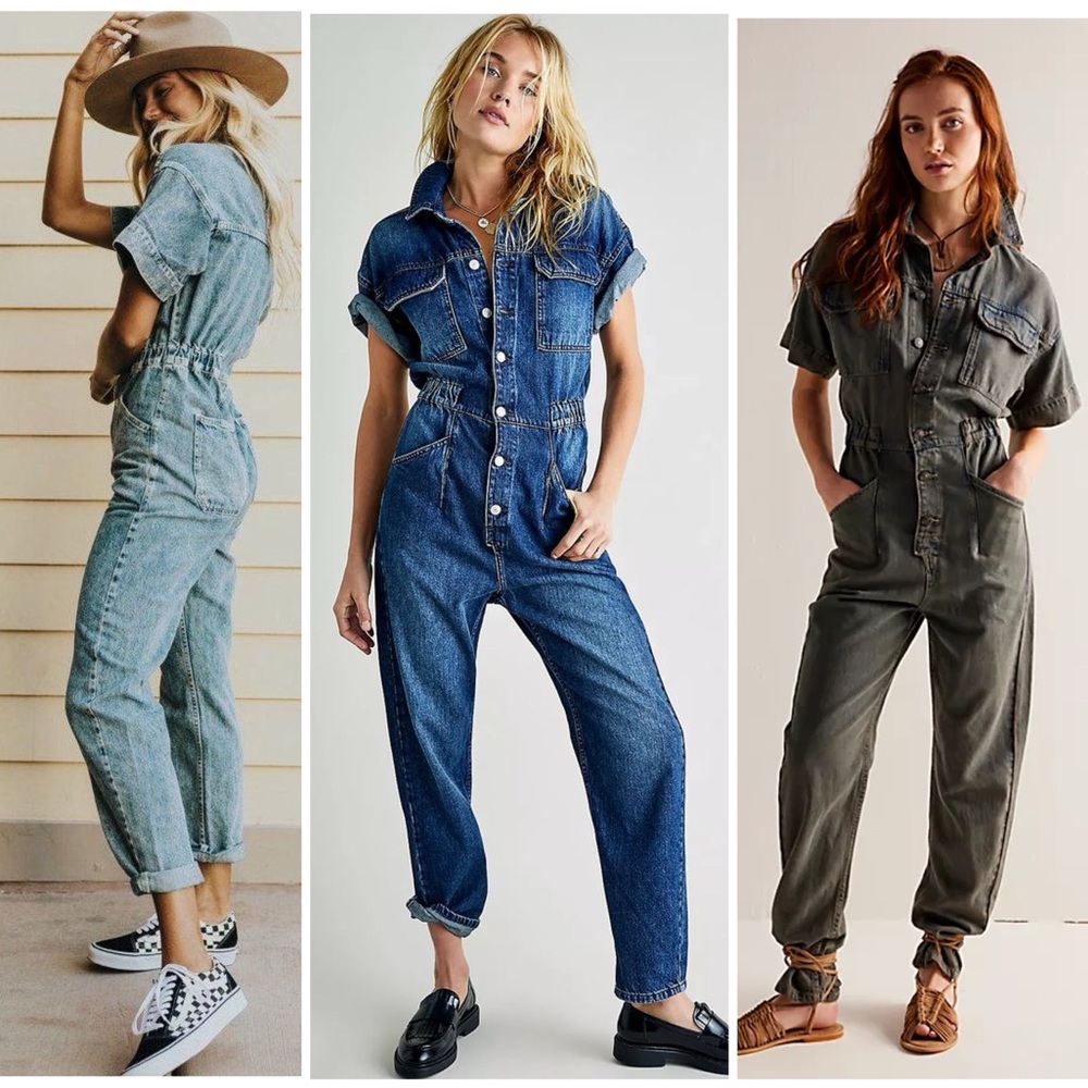 Free People Denim Utility Jumpsuit in Light Blue, Dark Blue & Olive